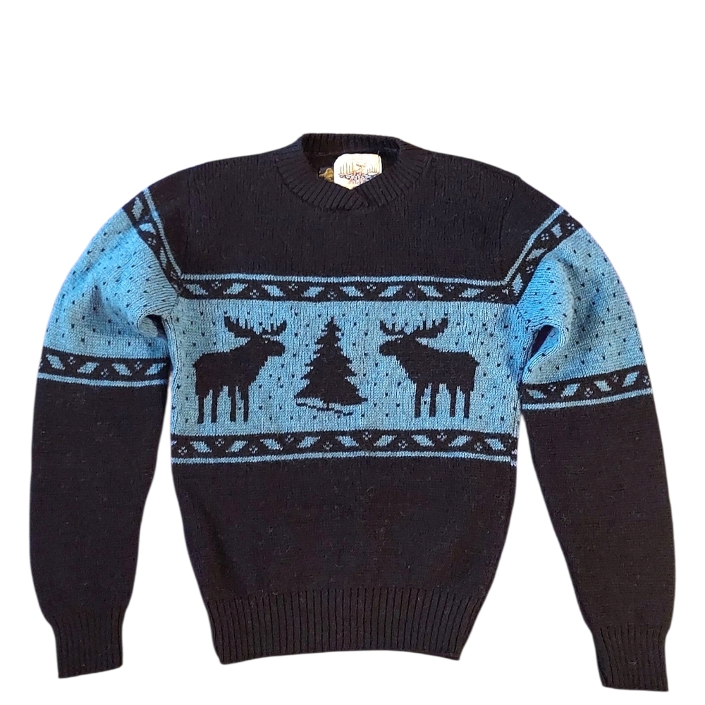 Merrimac Valley Ladies Wool Black and Blue Moose Crewneck Sweater Size M